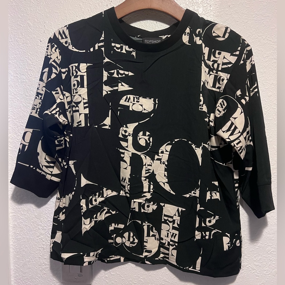 Topshop women’s graphics three quarter black/beige top size 6.